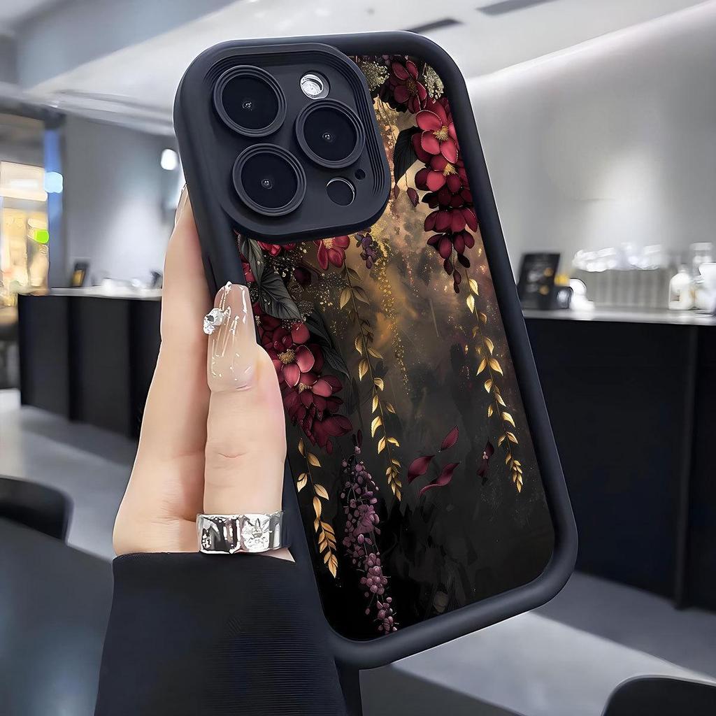 Schwarzer Rillen-Hängekorb Florales Handyhülle für iPhone 14/15/16/17 Pro Max