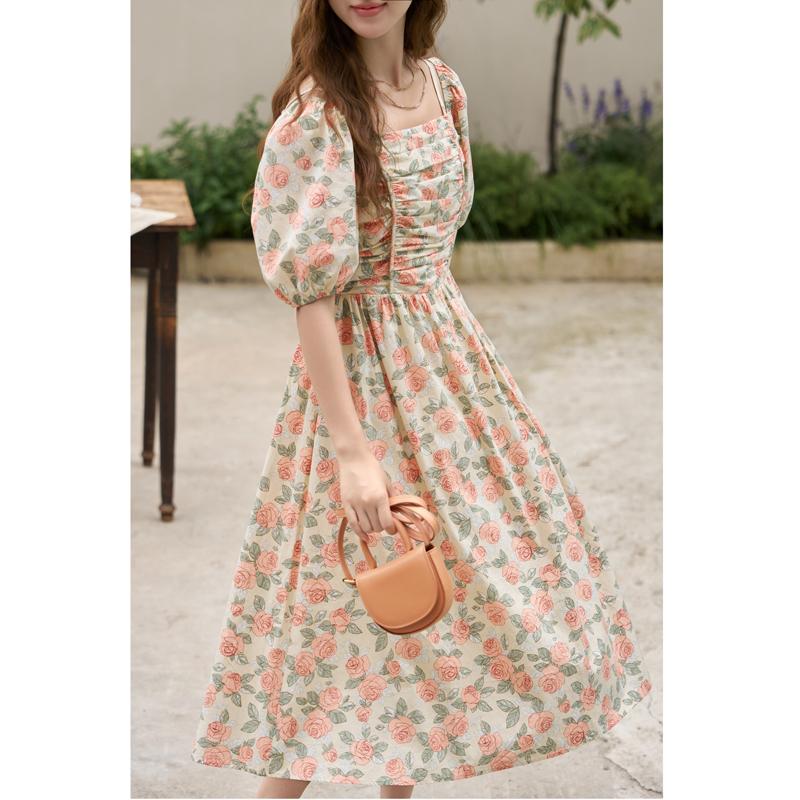 Mishow Frauen Kleid 2023 Sommer Neue 100% Baumwolle Quadrat Kragen Floral Vintage Elegante Druck Pendler Casual A-linie Kleid MXC33L1397