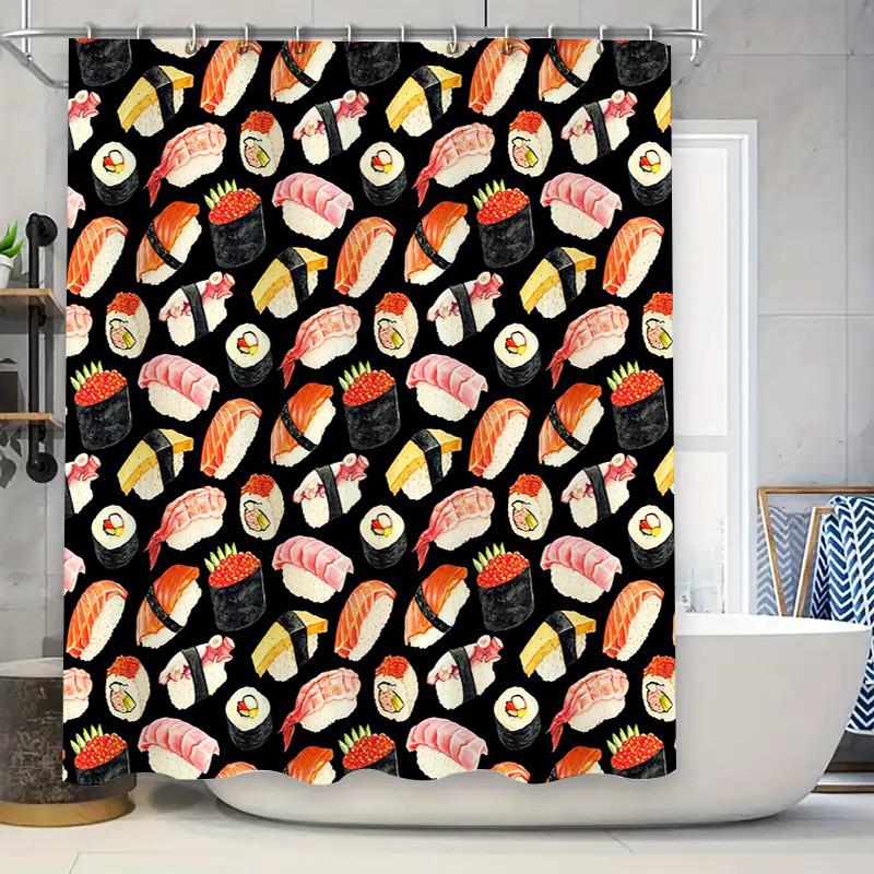 

Sushi Shower Curtain Japanese Food Decor Washable Bathroom Set Artistic Ocean Seafood Pattern Home Decor Kitchen Backdrop W60H190(CM)-1 Pcs
