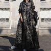 Plus Size Women's Vintage Autumn Ethnic Print Cotton Linen Dress - Loose Long Sleeve Big Swing Skirt