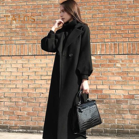 Women Winter Coat Formal Business Style Turn-down Collar Double Buttons Calf Length Overcoat OL Commuting Jacket Solid Color Thick Outerwear