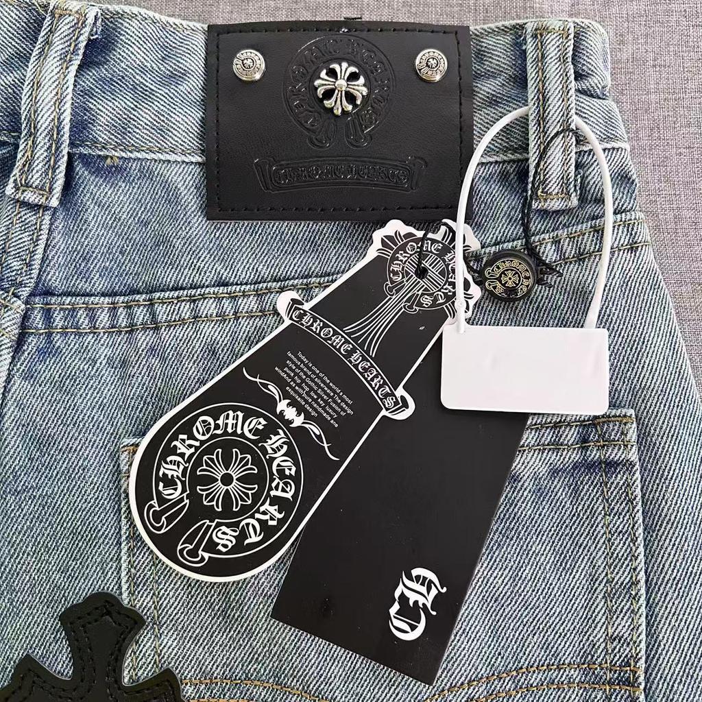 99150 CHROME HEARTS Pánské a dámské trendy džíny v americkém stylu s látkovými nášivkami, výšivkou, ležérní a módní high street kalhoty