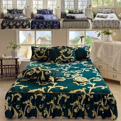 Sommer Neu Grün Blumenmuster Retro Stil Bettrock Set 3tlg. Bequeme Bettwäsche Luxuriöse Prinzessin Röcke Rutschfester Bettrock 1St.+1St. Kissenbezüge