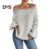 Damen-Pullover, schulterfrei, übergroß, langärmlig, Strickpullover, lockere Passform, gestreifter Druck, weiche, dehnbare Strickoberteile