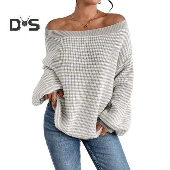 Women Sweater Off Shoulder Oversized Long Sleeve Knit Pullover Top Loose Fit Striped Print Soft Stretchy Knitting Tops