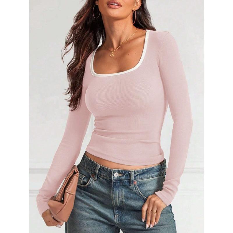 DAFIFY Women's Fashion Casual Spring Autumn Solid Color Print Long Sleeve Square Collar Blouses & Shirts