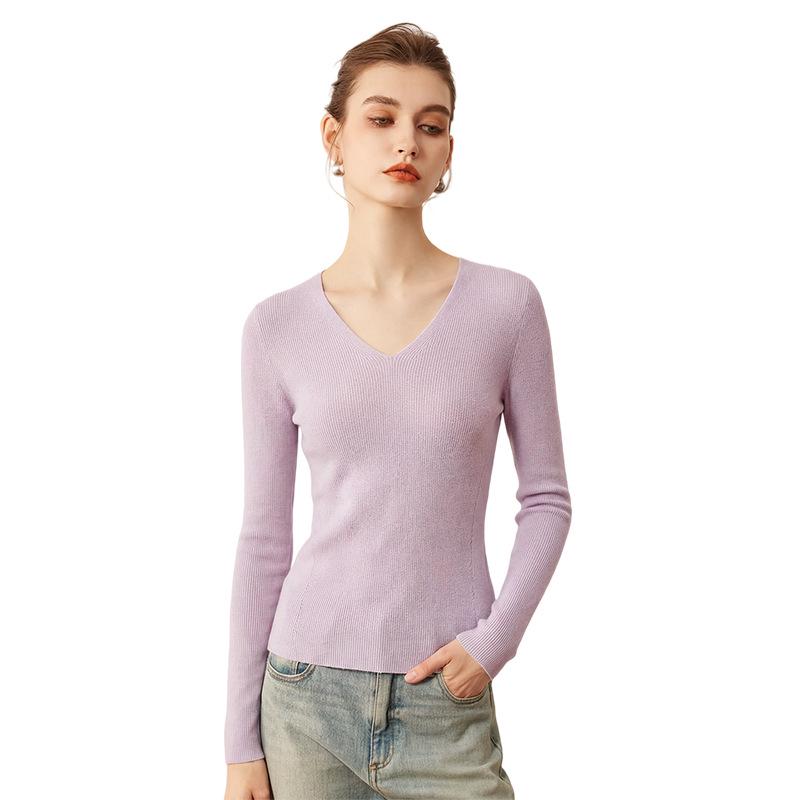 2026 Lekasha Women's V-neck Striped Slimming Wool Knit Pullover Top - New Arrival for Autumn/Winter