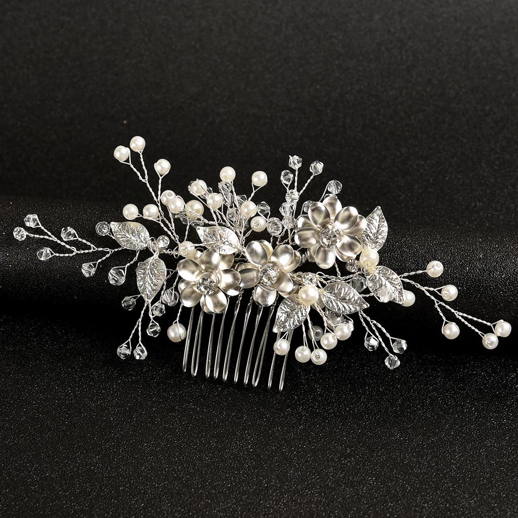 Europe and America Cross Border Special for Flower Golden Leaf Handmade Pearl Crystal Hair Comb Side Accessories
