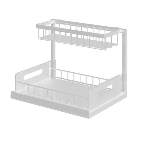 

Розсувні органайзери під мийку Міцна вантажопідйомність L-подібна конструкція 2-ярусний регульований висувний органайзер для шафи білий