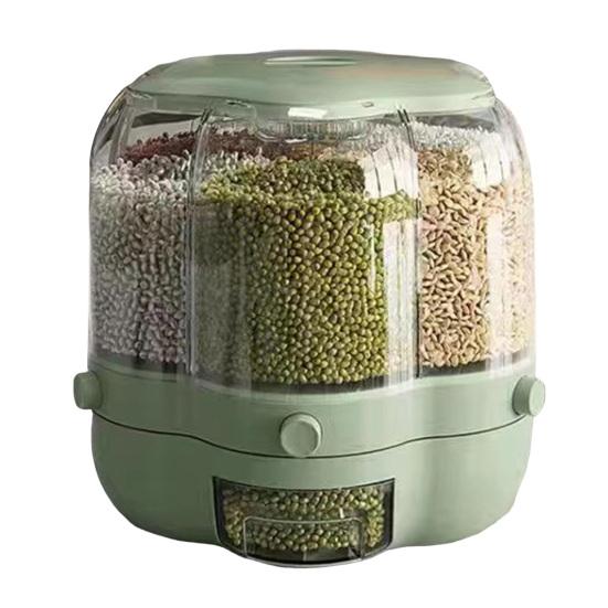 Rotating Grain Storage Bin Large Capacity 6 Grids Design Moisture-Proof Transparent Rice Container Cereal Dispenser Bucket
