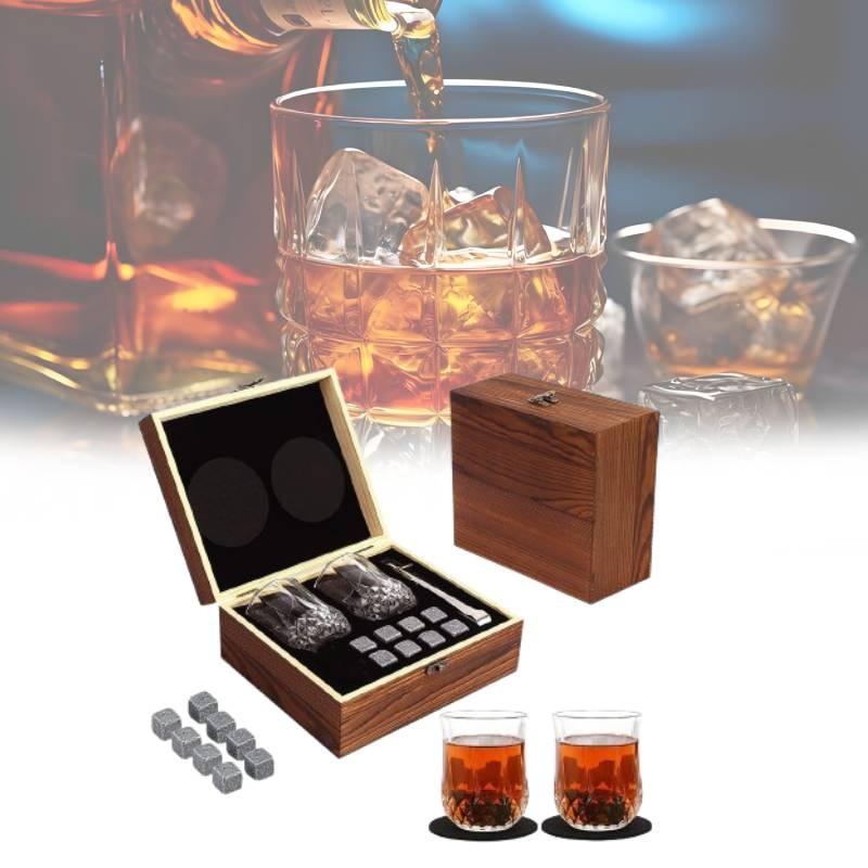 Luxurious Brown Granite Whisky Glasses Set With Whiskey Stones And Wooden Box