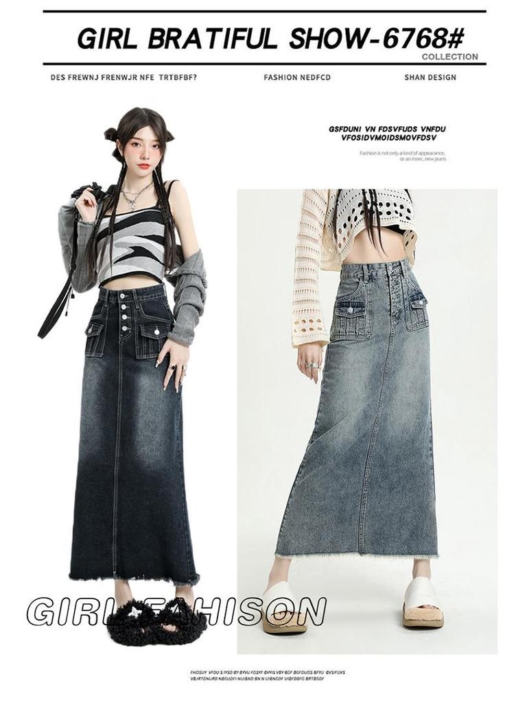 2023 Frühling Damen Retro Denim Ausgefranst Hohe Taille A-Linie Midi-Rock
