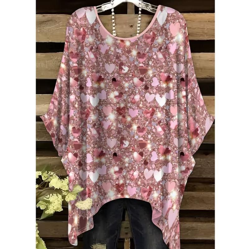 Damen T-Shirts Regenbogen gestreift Herzmuster Rundhals-Tees Vintage Asymmetrischer Saum Rundhals-Oberteile Vielseitige Lockere Damenbekleidung