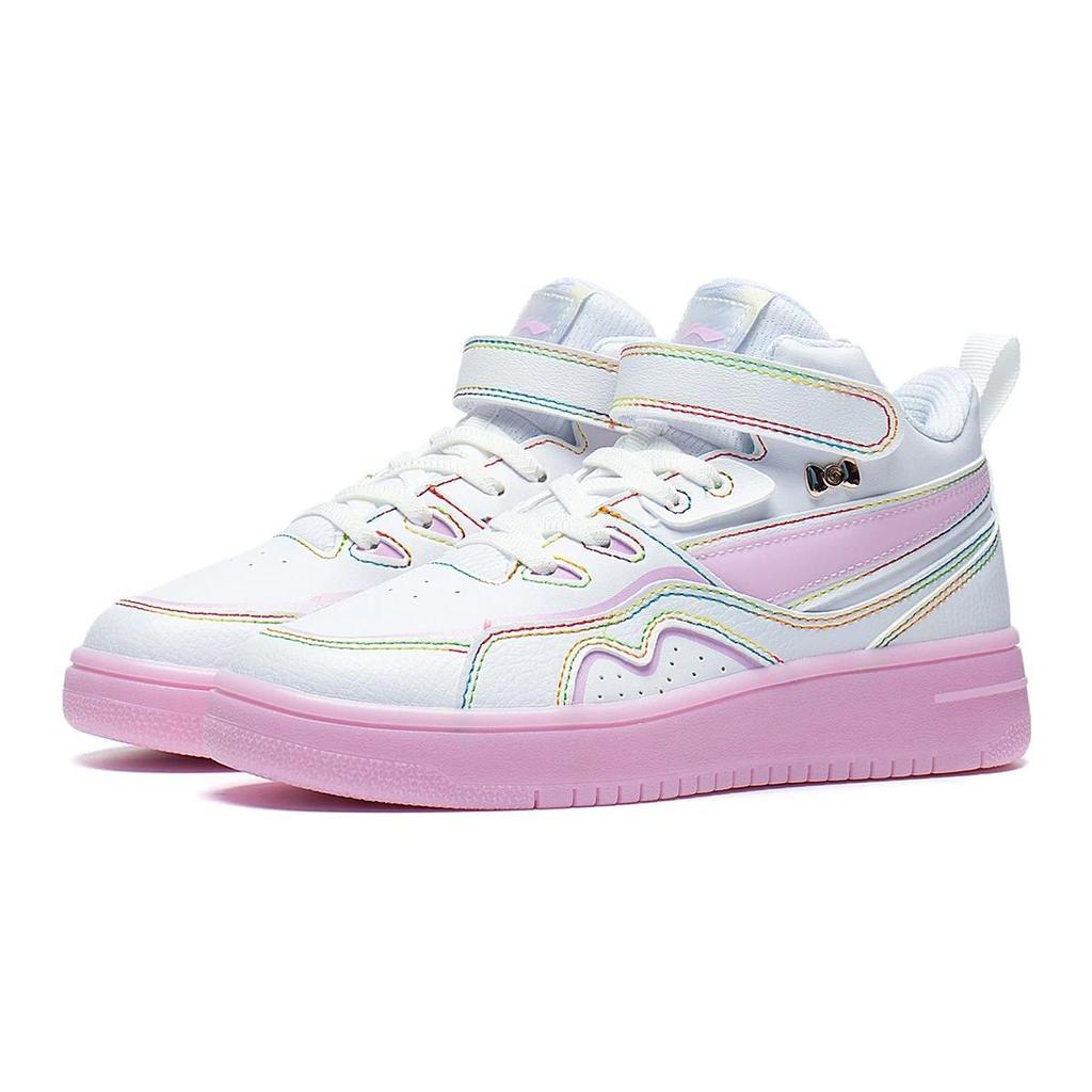 Li Ning Sports Lifestyle Serie 937 Mid Rutschfest Langlebig High Top Kinder Skateschuhe Kinder Skateschuhe Weiß Rosa YKCT018-2