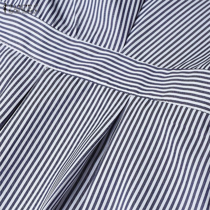 ZANZEA Women Casual Turn Down Collar Summer Short Sleeve Stripe Dress