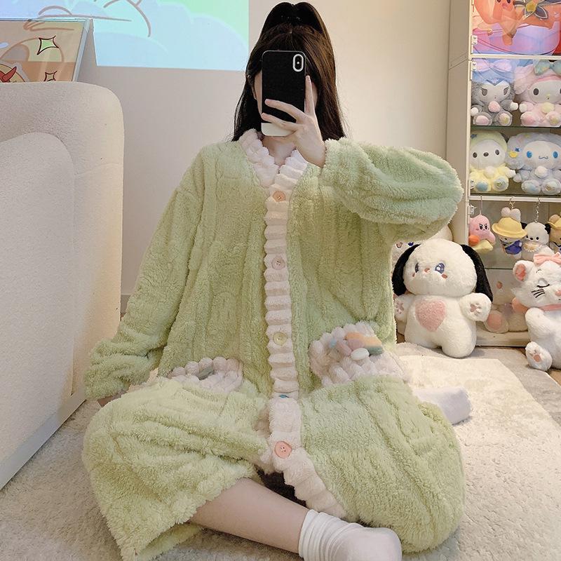 

Мягкий кардиган с V-образным вырезом, ночная рубашка, пижама для женщин больших размеров - теплая домашняя одежда из кораллового флиса для осени и зимы XXL зелёный