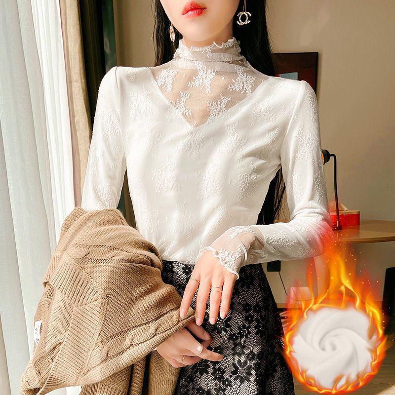 

Women s Plus Velvet High-Neck Lace Ruffled Mesh Top - Autumn/Winter 2025 Style 2XL (110-120 jin)