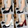 Women's Color Block Mary Shoes Pearl Strap Block Heel Pumps