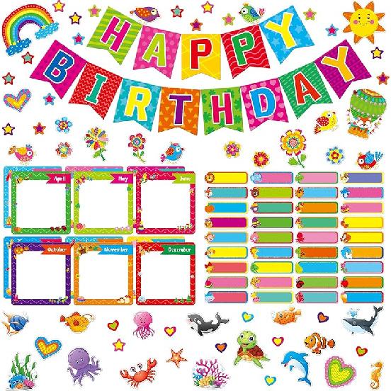 39 PCS Happy Birthday Bulletin Board Set, Colorful Birthday Decoration Cakes, Stars, Firework, Balloon, Party Hats Cut-Outs Classroom Decorations