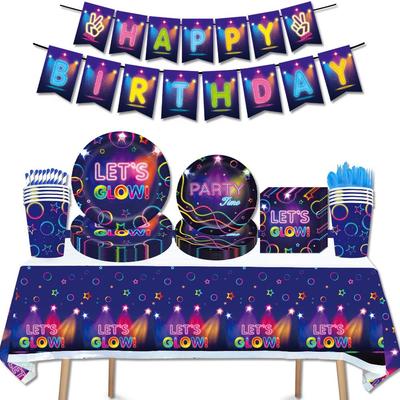 Ensemble de Vaisselle pour Fête d'Anniversaire Carnaval Néon: Assiettes, serviettes et nappes jetables.