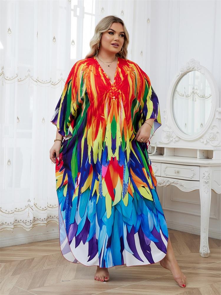 EDOLYNSA Plus Size Women Kaftan Dress Outfits Boho Colorful Printed Vacation V-neck Split House Robe Summer Beachwear Bathing Suit Cover Up Q1588