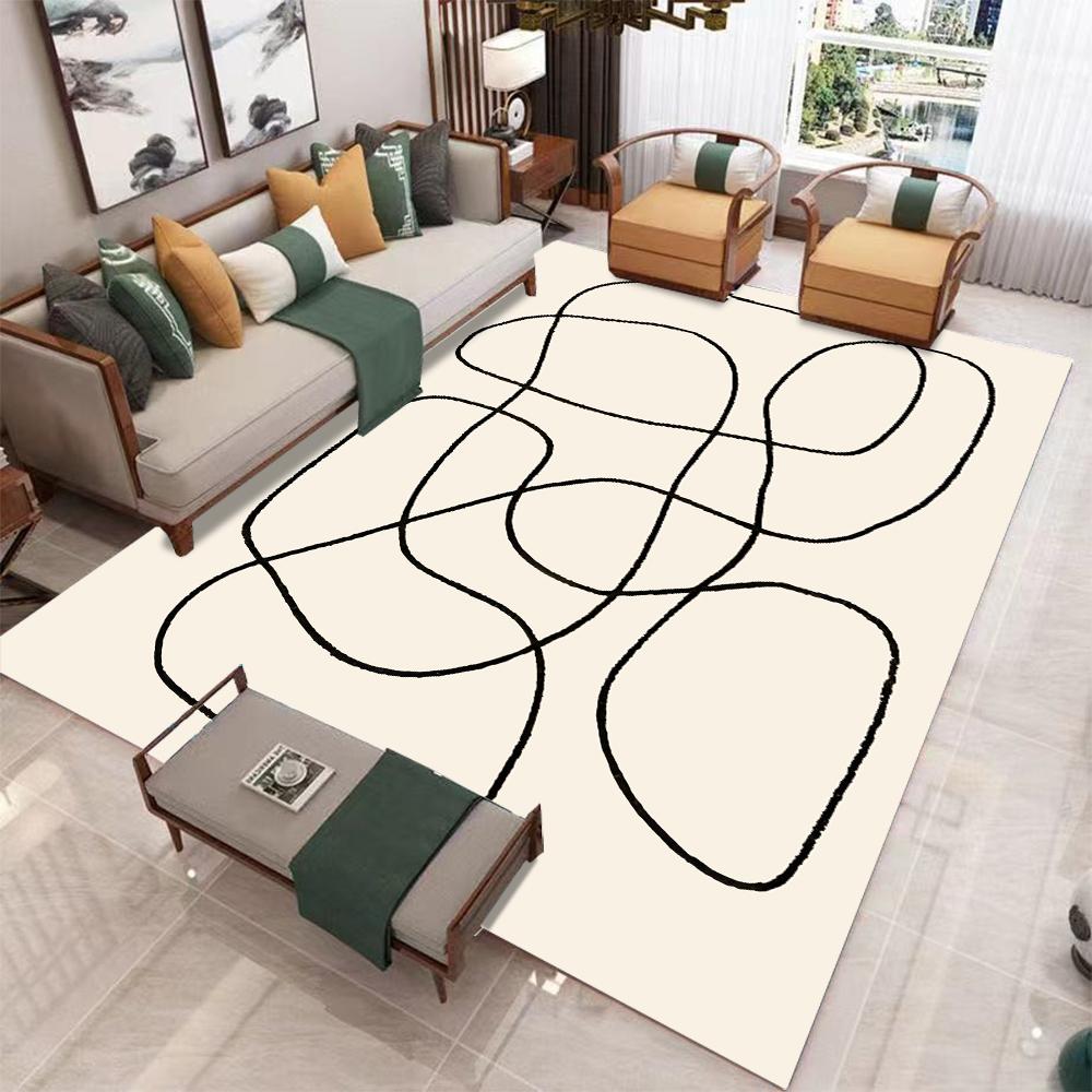 Minimalist Line Cream Style Home Floor Carpet for Living Room and Bedroom, Slip-resistant, Machine Washable Rugs for Bedroom