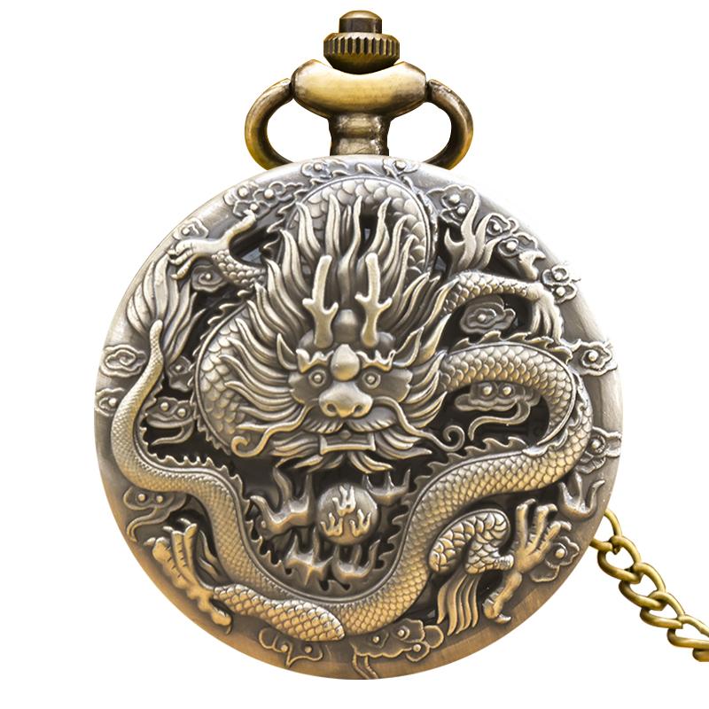

Vintage Bronze Steampunk Oriental Dragon Carved Quartz Pocket Watch Necklace Pendant Clock Chain Men Women Chain Gift бронзовий