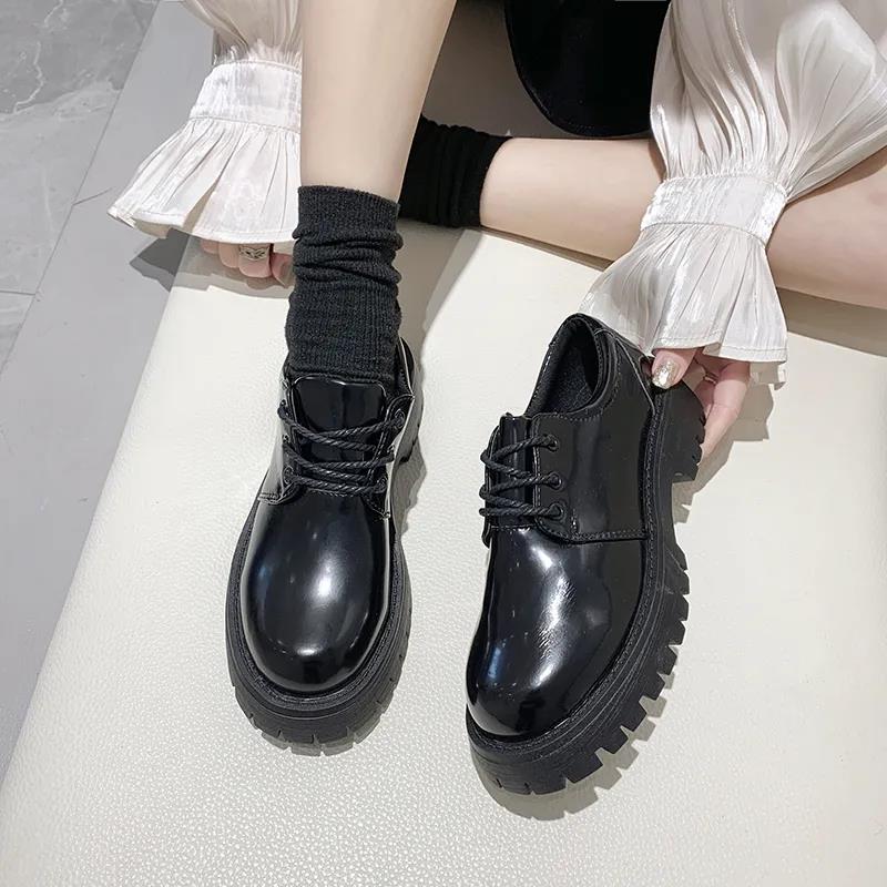 Cheap Matte Black and Bright Black Mary Jane Shoes Lace Up British Style  Single Shoes | Joom