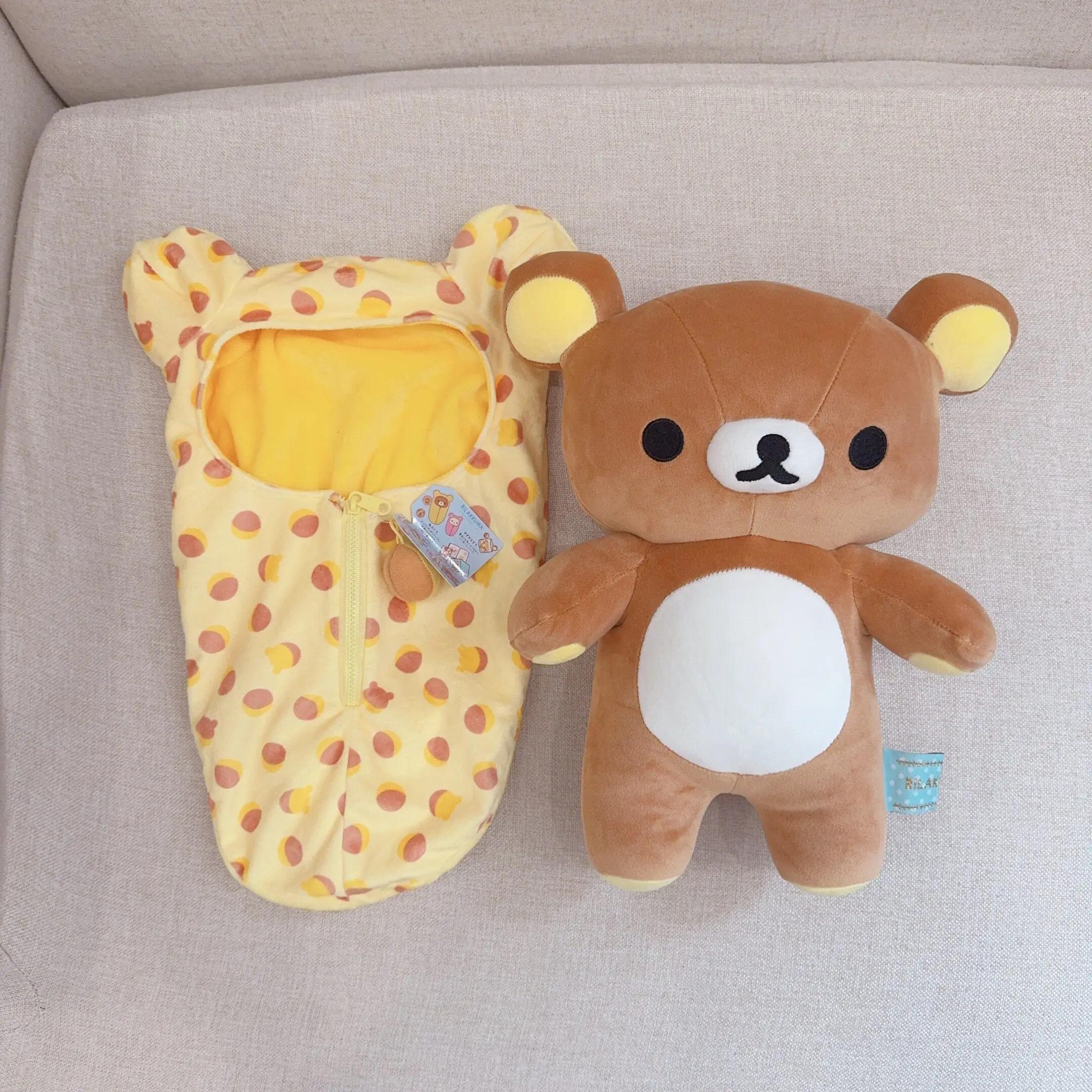 Rilakkuma Plush Toy with Yellow Polka Dot Sleeping Bag Stuffed Relax Bear Doll Removable Outfit Rilakkuma Plushie for Fans Gift 35cm
