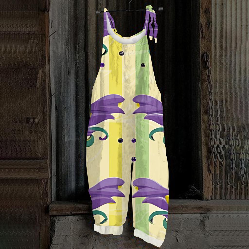 Women's Casual Jumpsuit Sleeveless Carnival Mask Print Loose Retro Overalls Jumpsuit