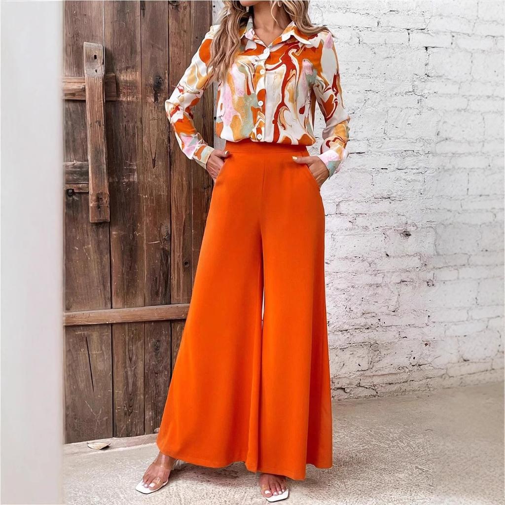 women's Collared Abstract Print Long Sleeve Shirt High Waist Wide Leg Pant Casual Two Piece Outfit Set