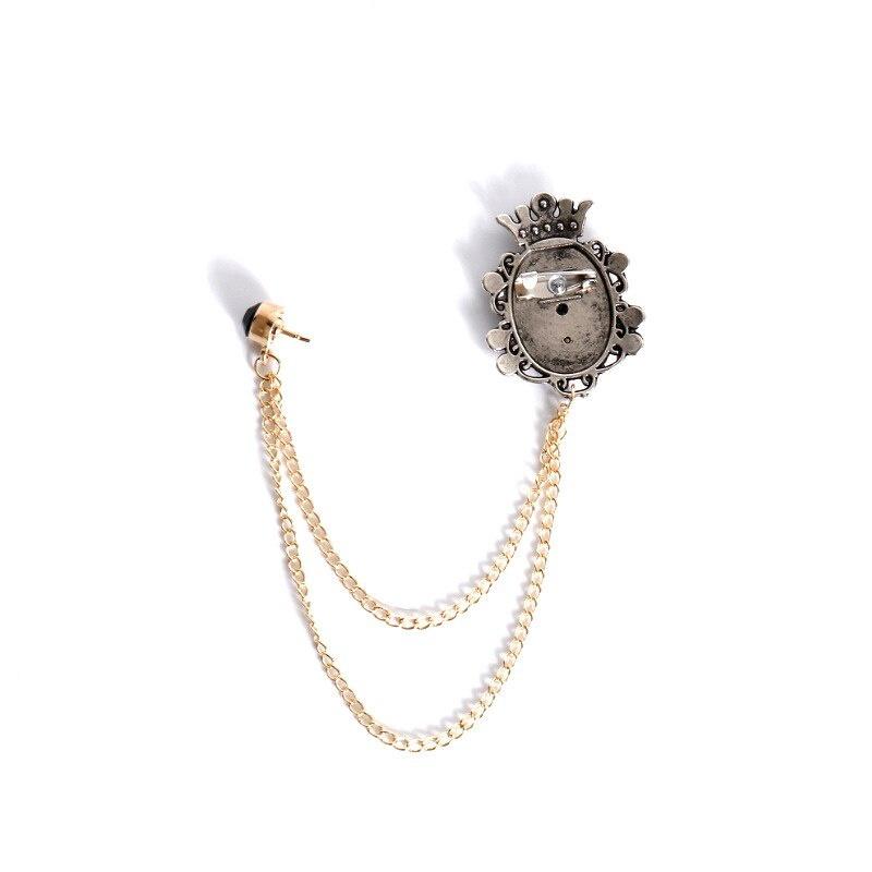 Vintage Beauty Lady Head Crown Brooches Fashion Jewelry Luxury Trendy Host Stage Male Suit Collar Pin Tassel Chain Accessories