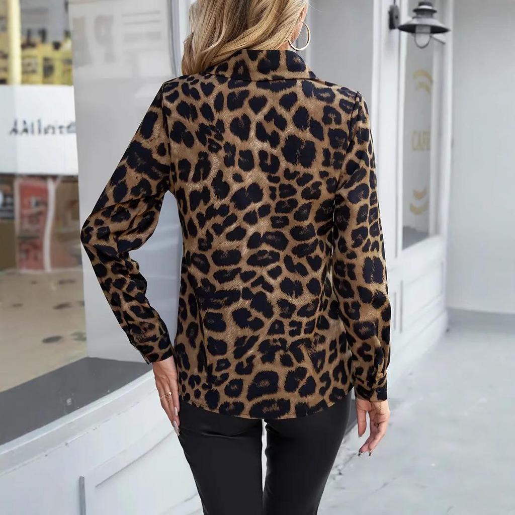 Cross-Border Women's Long-Sleeve Leopard Print Collar Shirt