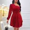 Women Dresses 2025 Autumn Winter Long Sleeve Sexy Skew Collar Slim Women Dress J885