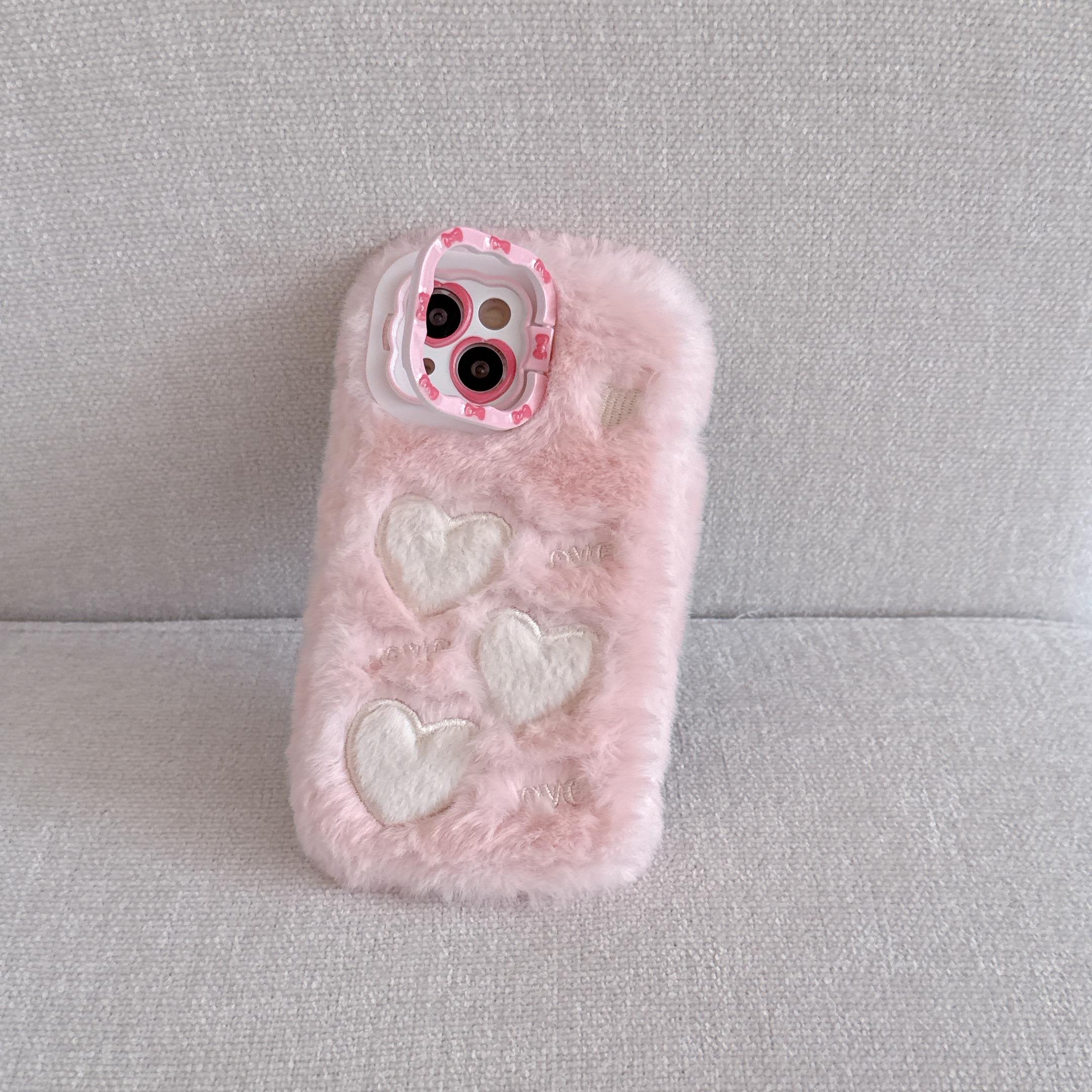 

Чехол для телефона Girly Heart Embroidery Love Bracket Lens Frame для iPhone 16 Pro Max, милые осенне-зимние пушистые аксессуары для телефона For iPhone 15