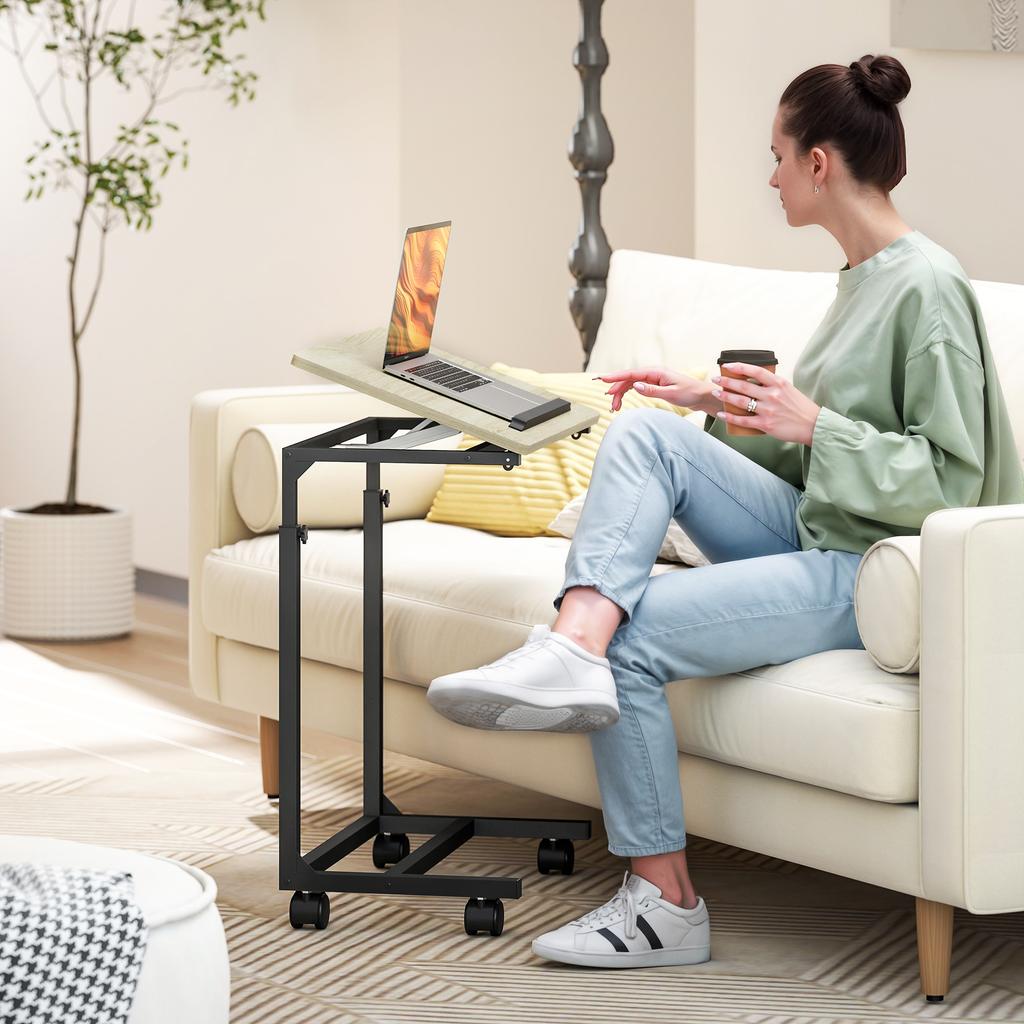 Side Table, Desk, Nightstand, Height-Adjustable, 4 Casters, Metal Frame