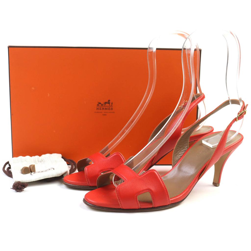 Hermes Sandals Night H Logo Slingback Leather Red Leather Women 36 Used