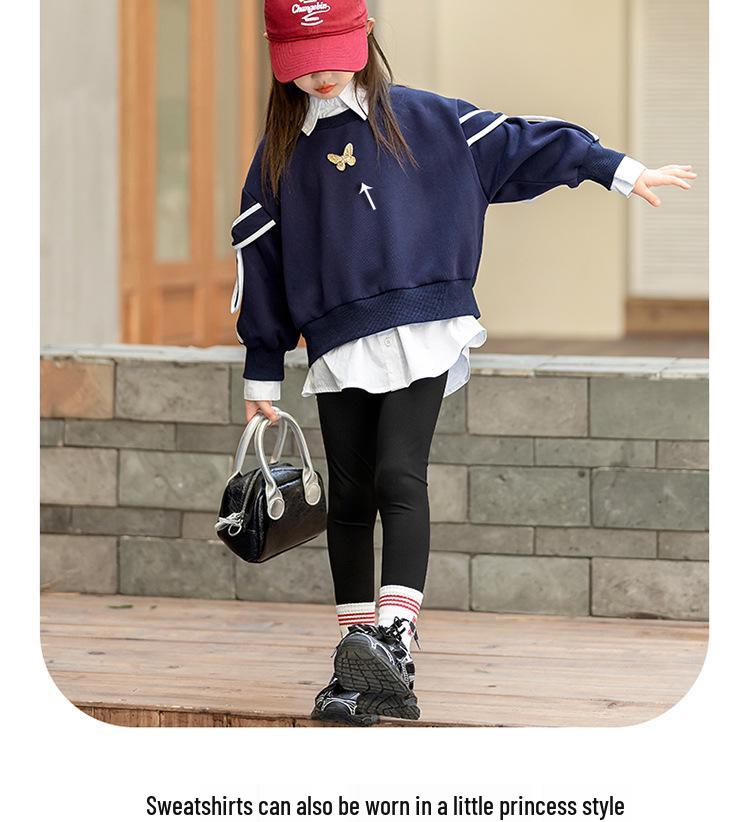 Girls' Trendy Sweatshirt: Spring/Autumn Two-in-One Shirt with Stylish Collar for Kids