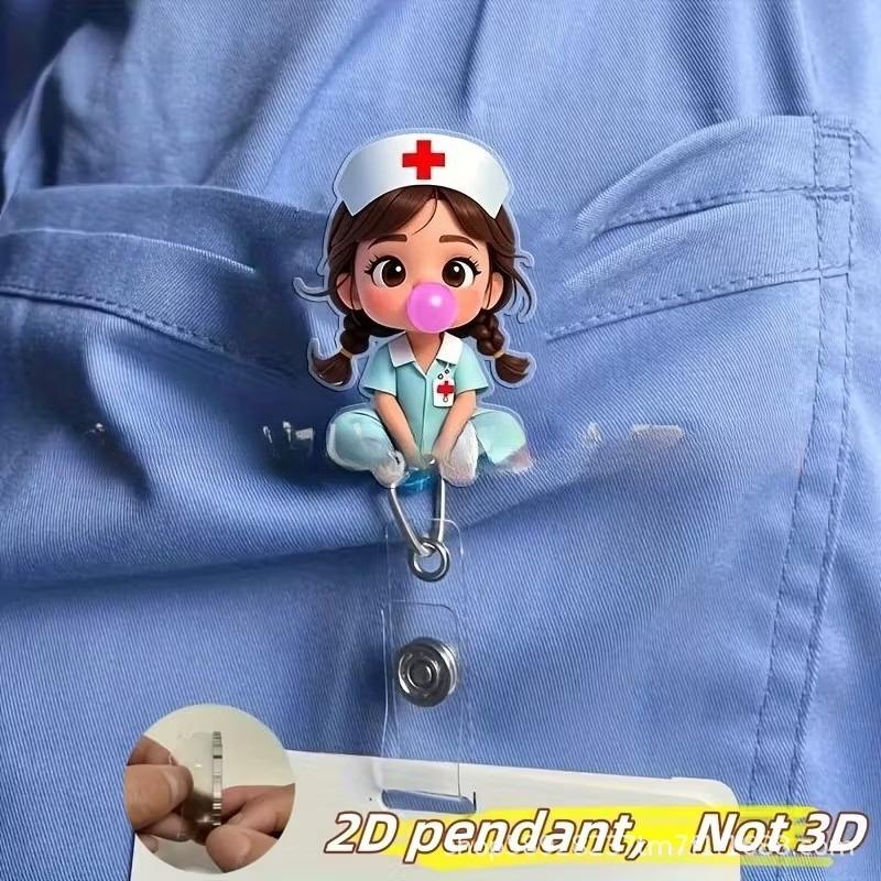 1pc Nurse Themed Retractable Badge Reel Acrylic ID Holder Clip for Hospital Office School Workers