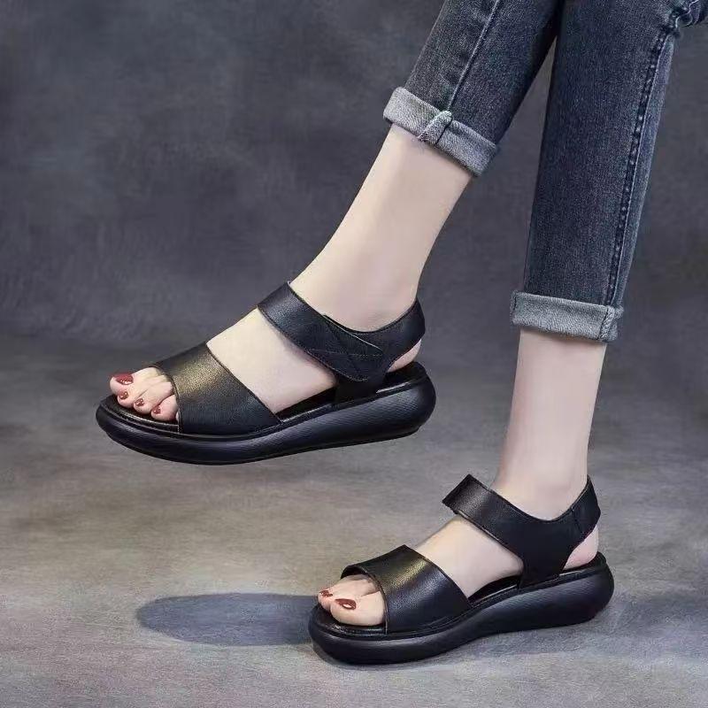 Women's Summer Leather Thick Casual Sports Sandals Open Toe Non Slip Lightweight Velcro Wedges Sandals Outdoor Beach Sandals