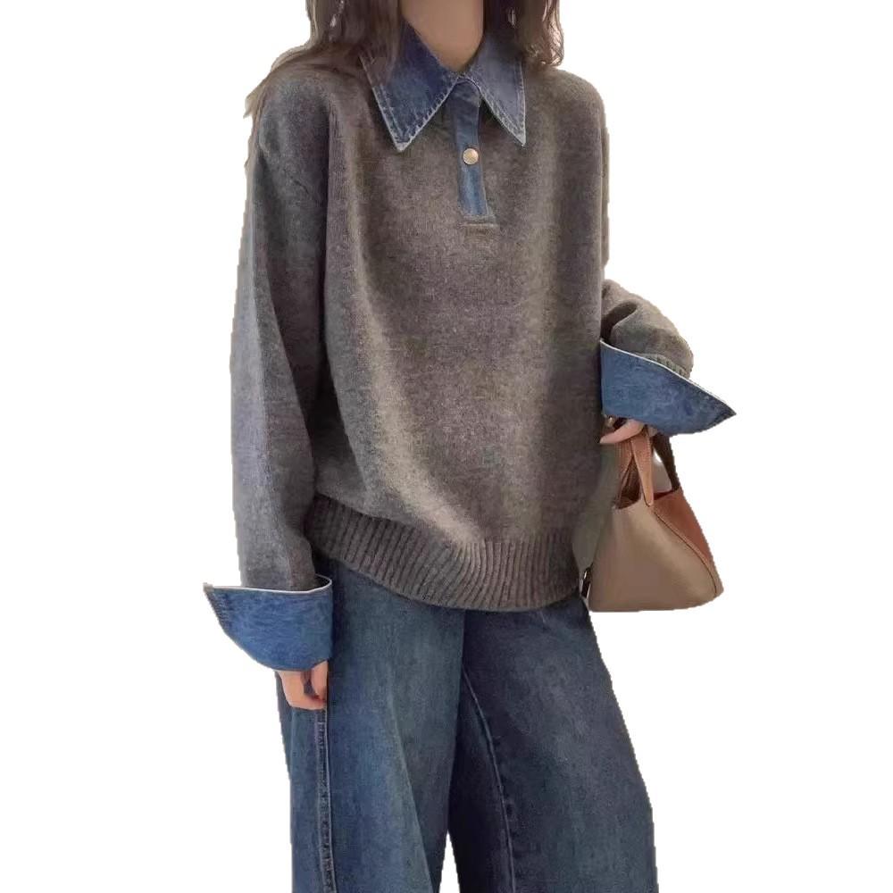 Cross-border Hot-selling Denim Sleeves Splicing Fake Two-piece Sweater Women's Autumn and Winter Women's Loose POLO Neck Knitted Sweater Women's