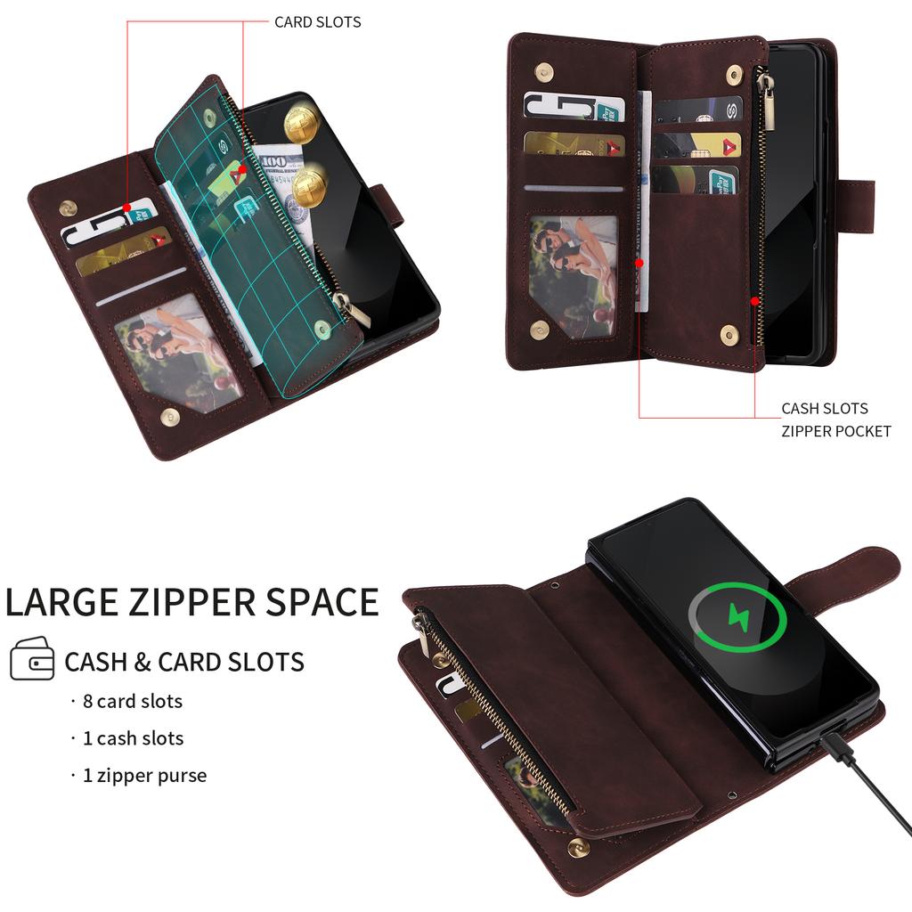 For Samsung Galaxy Z Fold6 5G Case Zipper Multi-Pocket Wallet Leather Phone Cover with Shoulder and Wrist Straps