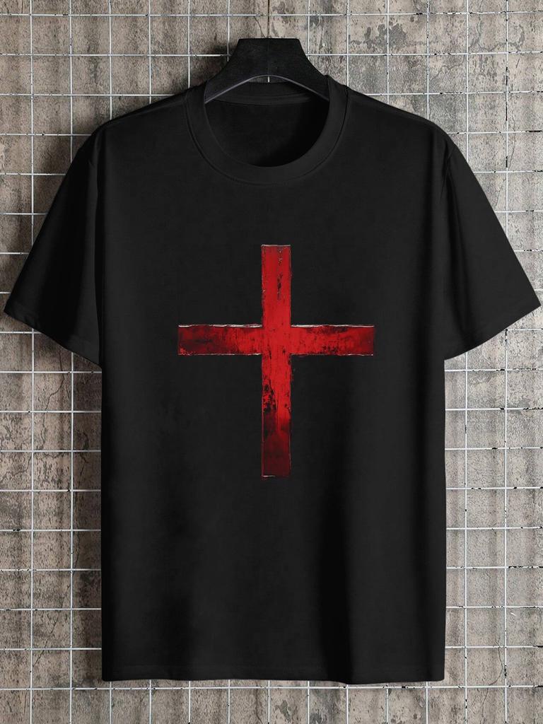 1pc fiery red cross bold white block letters black T-shirt