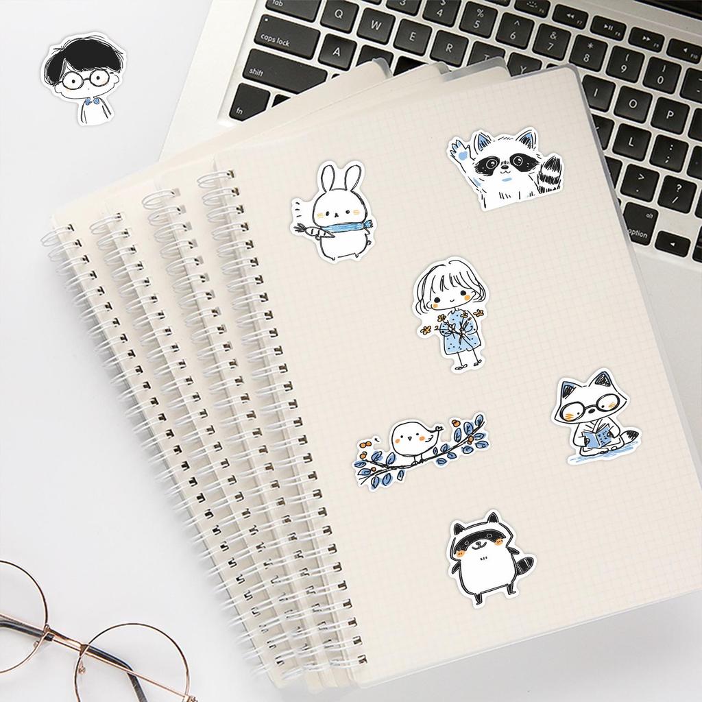 55 Japanese-Style Blue & White Animal Stickers - Waterproof & Decorative for Cups, Notebooks, Planners
