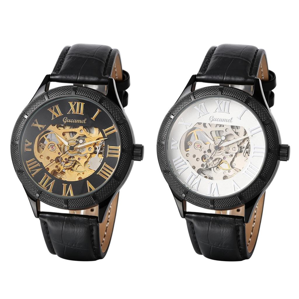 Relógio Automático Negócios Pulseira de Couro Masculino Aço Inoxidável Números Romanos Luminoso Estilo Engrenagem Formal Uso Diário À Prova d'Água Resistente à Chuva Presente