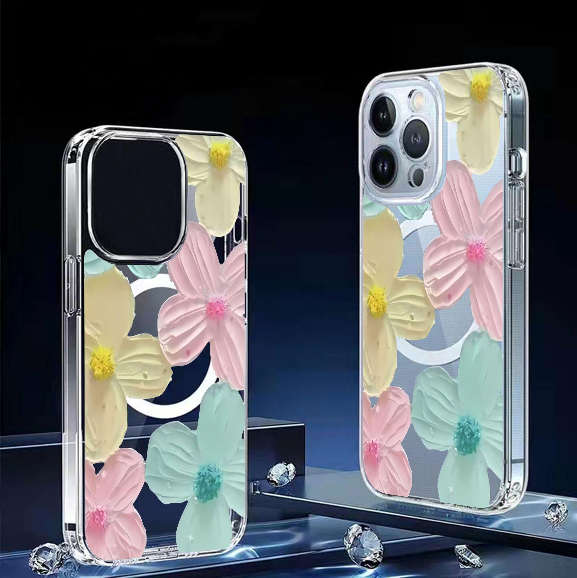Colorful Flower Magnetic Case for iPhone 15/16/17 Pro Max - Full Coverage Transparent Protection iPhone 14 прозрачный