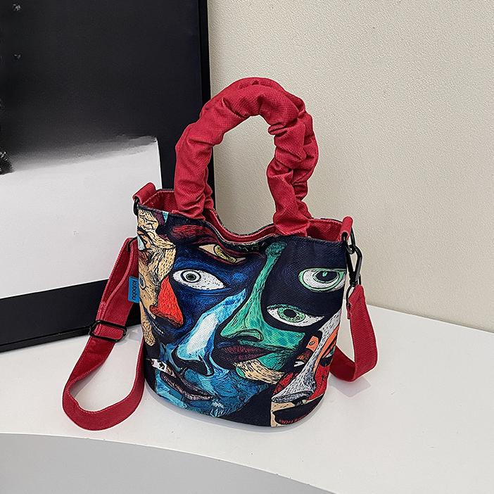 Plátěná taška s potiskem, dámská taška, nová trendy stylová taška přes rameno, taška přes rameno s kreslenou ilustrací, kbelík