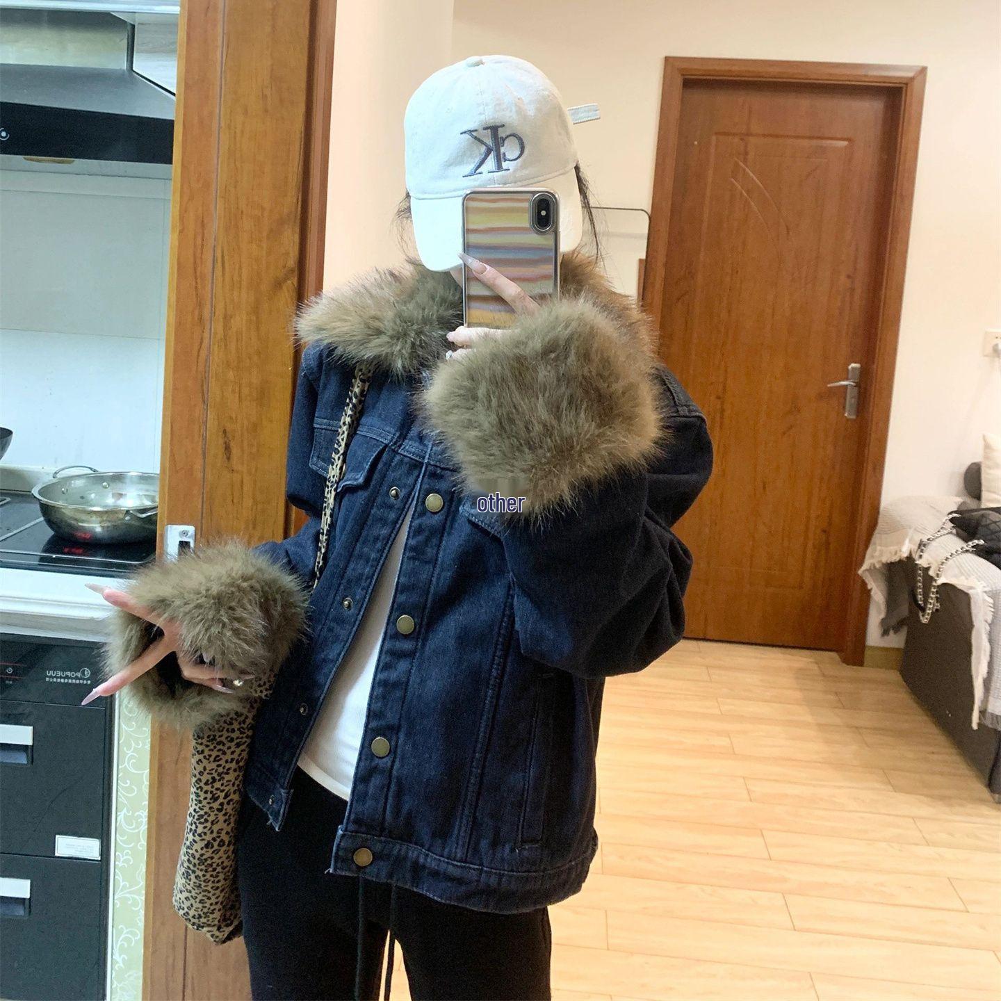 Spicy Girl Retro Fur Collar Denim Jacket - Women s Autumn/Winter 2025 Casual Blue Long Sleeve Top Default Option