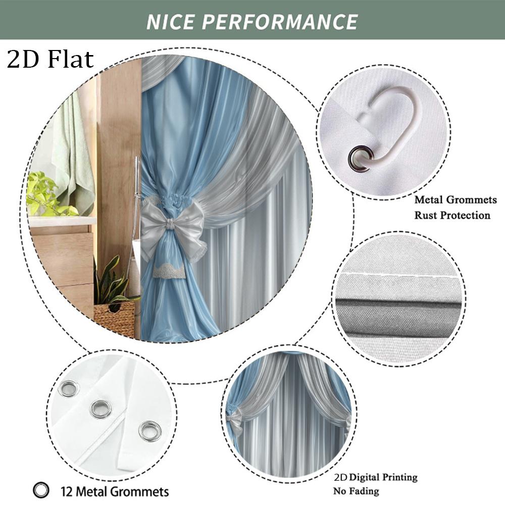 Elegant Blue And White Drapes With Bow Design Shower Curtain Machine Washable All Season Waterproof Privacy Protection 12 Hooks