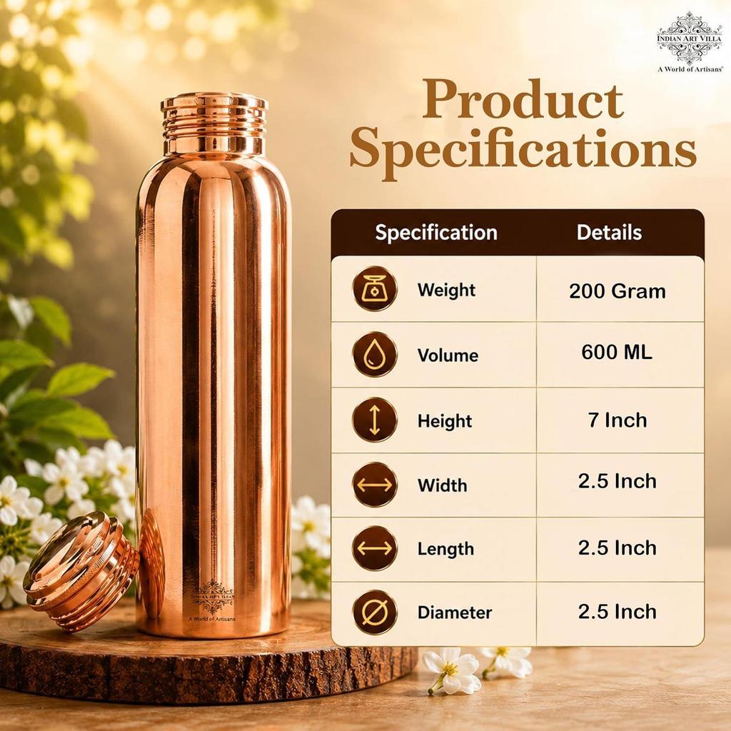 Copper Shine Finish Water Bottle – 600 ML, Pure Copper Bottle for Ayurvedic Health Benefits, Drinkware, Stylish Design